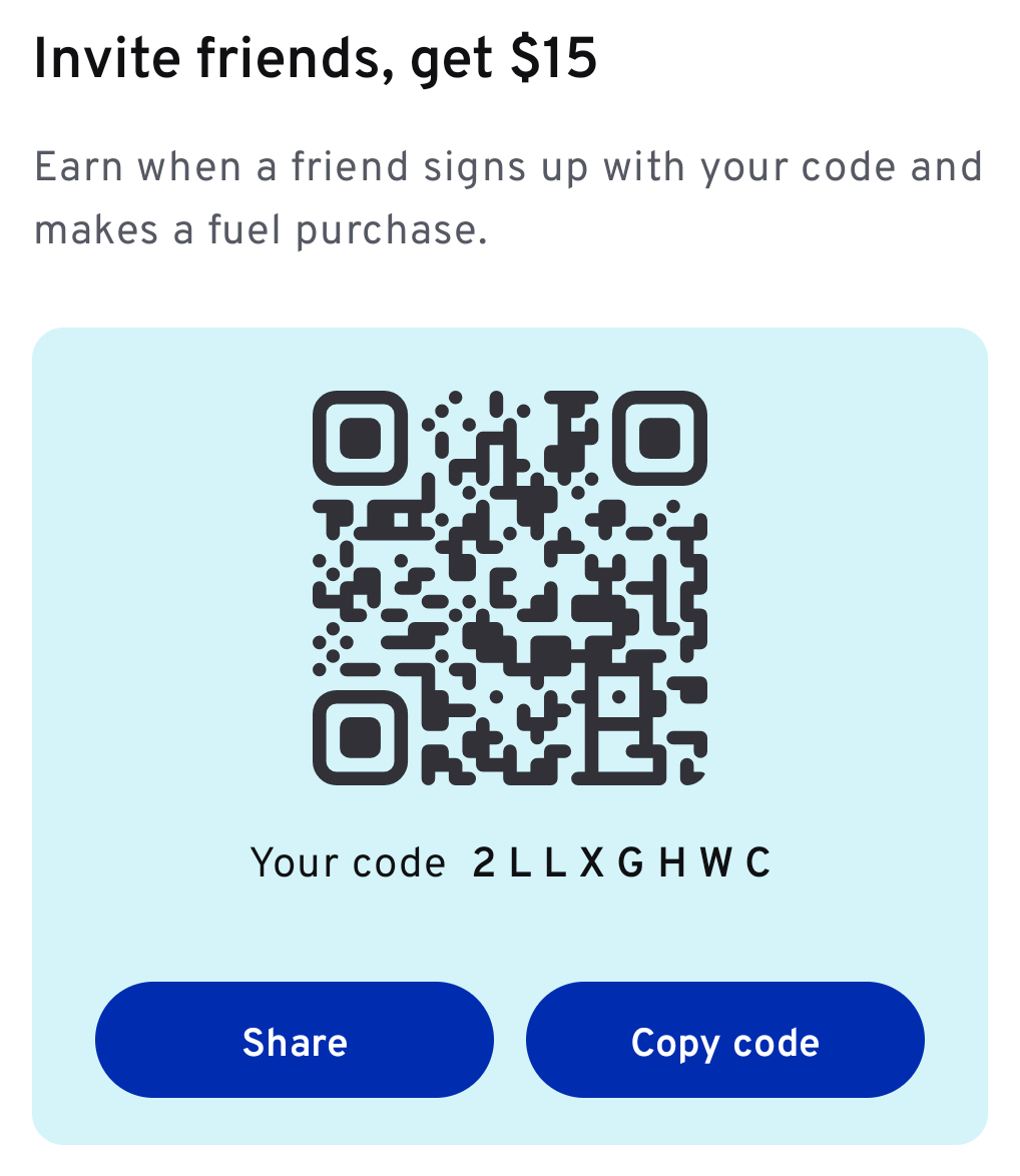 Invite friends, get $15 — your referral code with QR code, Share and Copy code buttons
